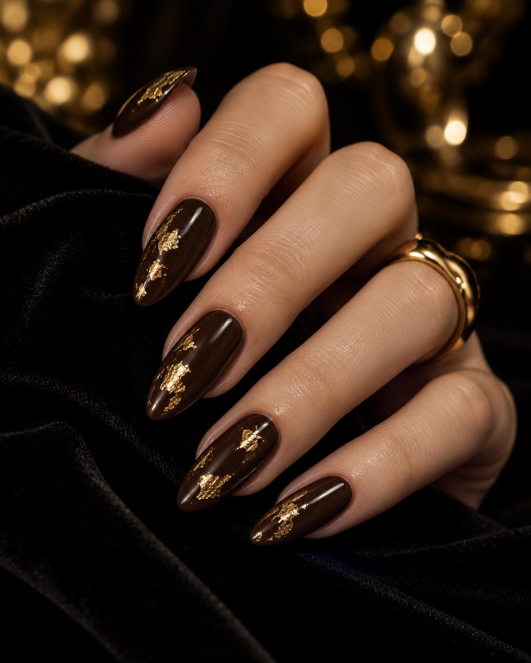 Nail art Benhe em esmalte profundo com folhas douradas